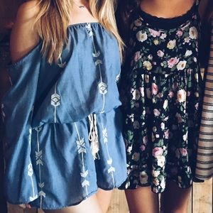 Cute Chambray Romper with White Embroidery